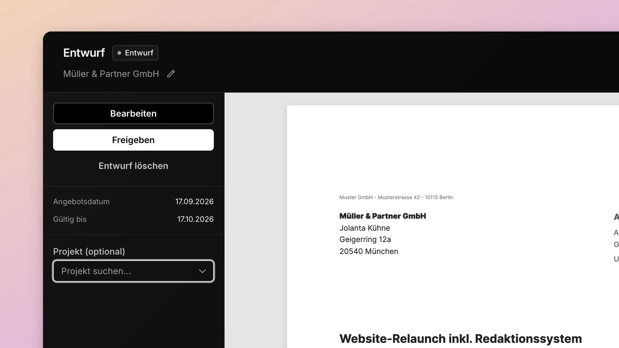 Angebotsvorlage mit Positionen, Preisen und Gültigkeitsdatum.