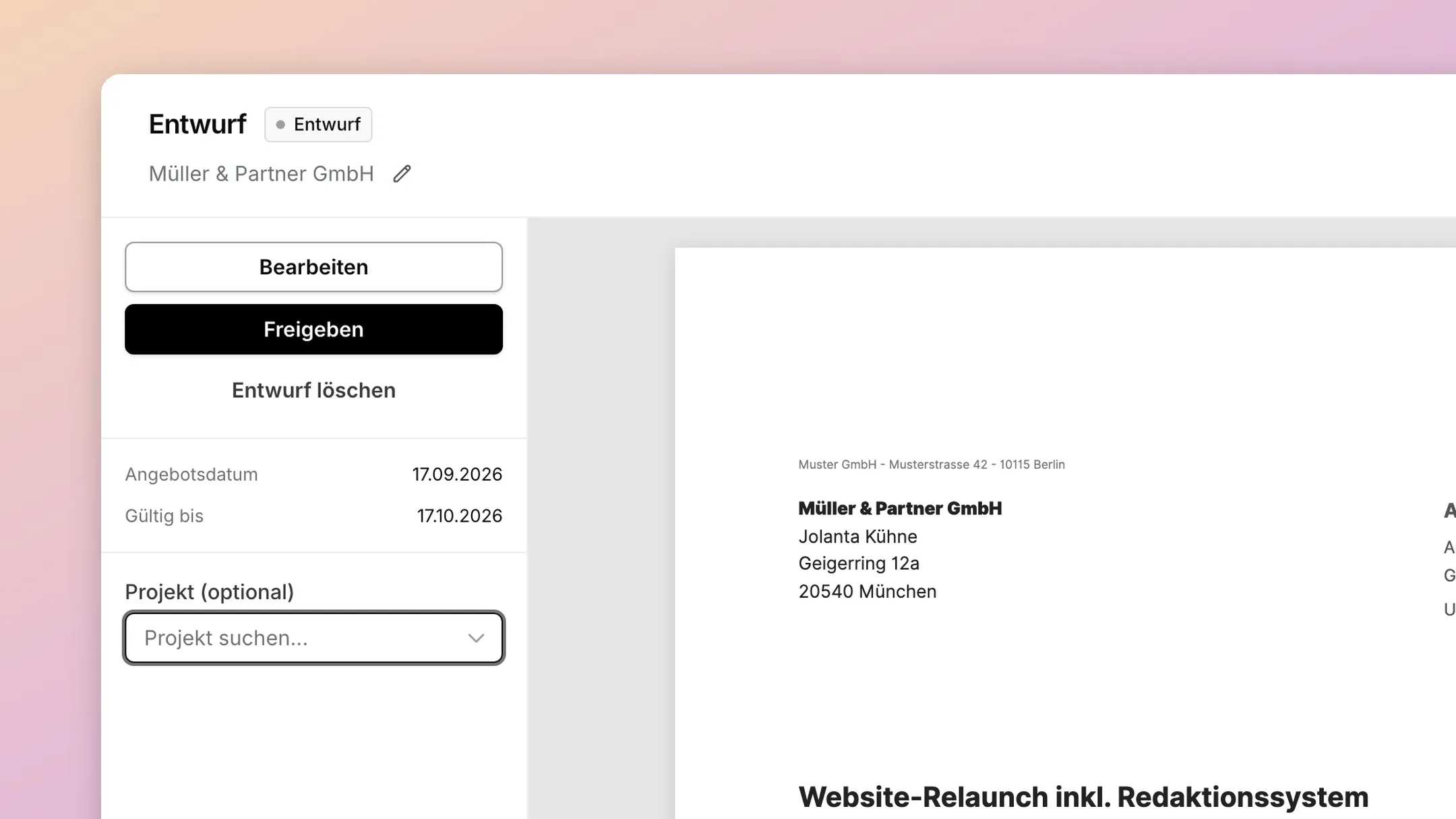 Angebotsvorlage mit Positionen, Preisen und Gültigkeitsdatum.