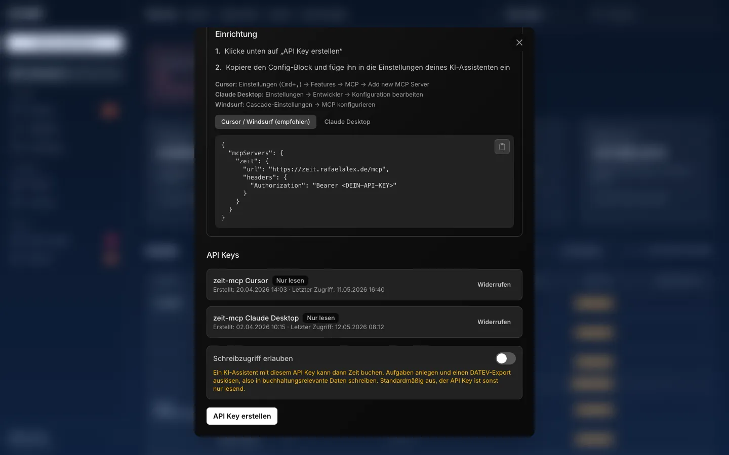 zeit KI-Assistent verbinden: MCP-Konfiguration und die verbundenen API Keys für Cursor und Claude Desktop