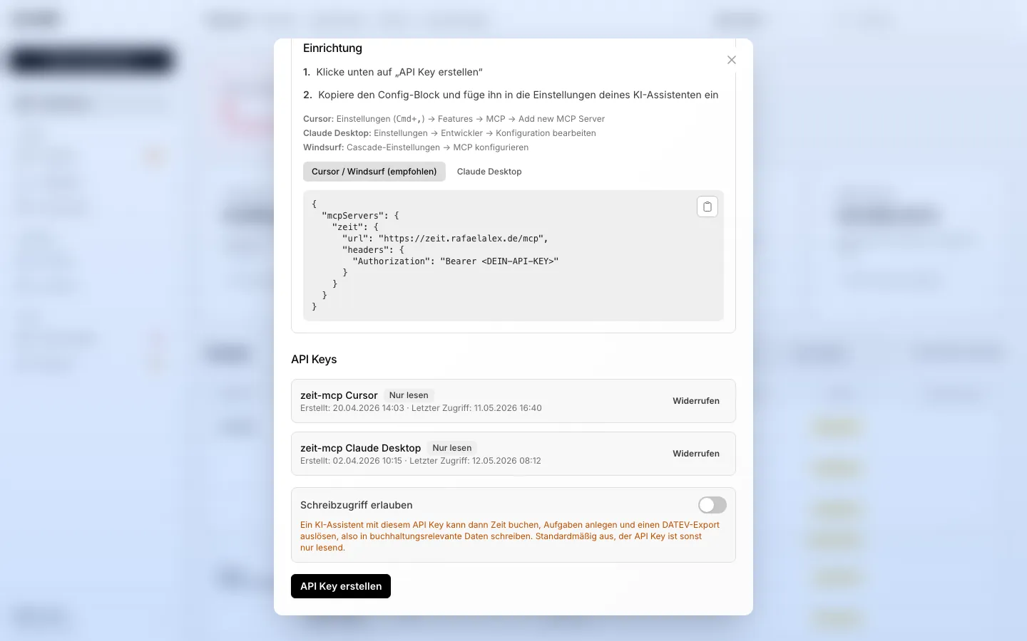 zeit KI-Assistent verbinden: MCP-Konfiguration und die verbundenen API Keys für Cursor und Claude Desktop