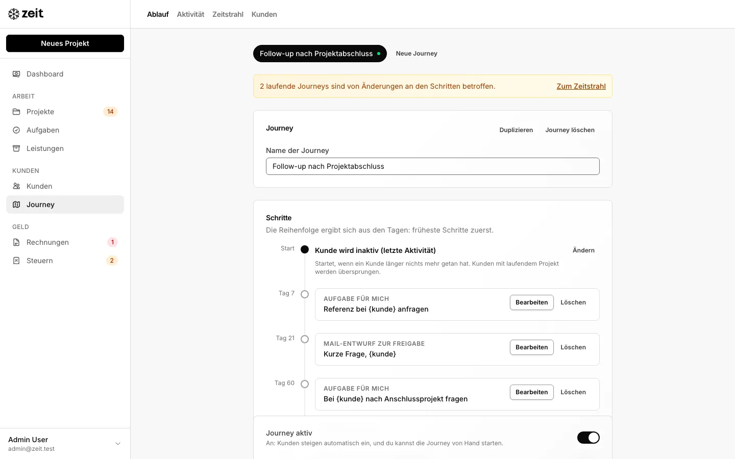 zeit Journey: Follow-up nach Projektabschluss mit Schritten an Tag 7, 21 und 60