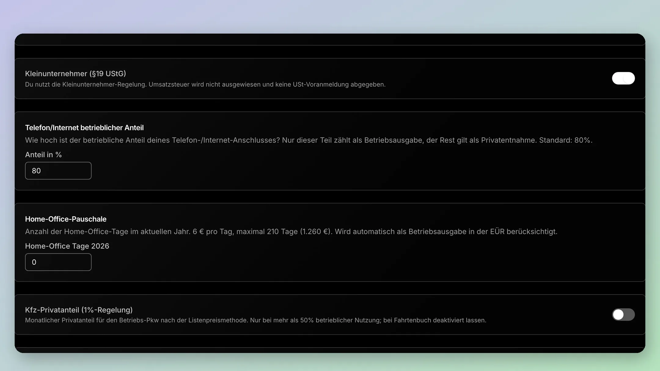 Steuer-Einstellungen in zeit mit eingeschalteter Kleinunternehmerregelung nach §19 UStG.