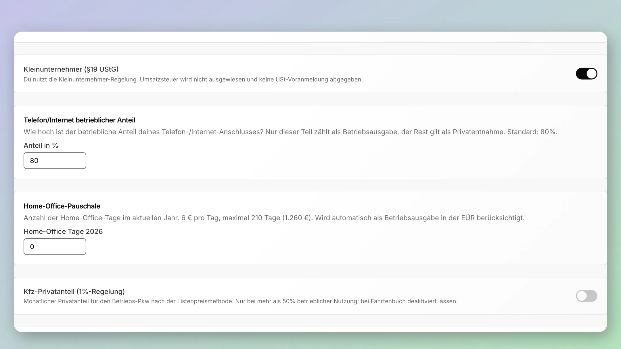 Steuer-Einstellungen in zeit mit eingeschalteter Kleinunternehmerregelung nach §19 UStG.