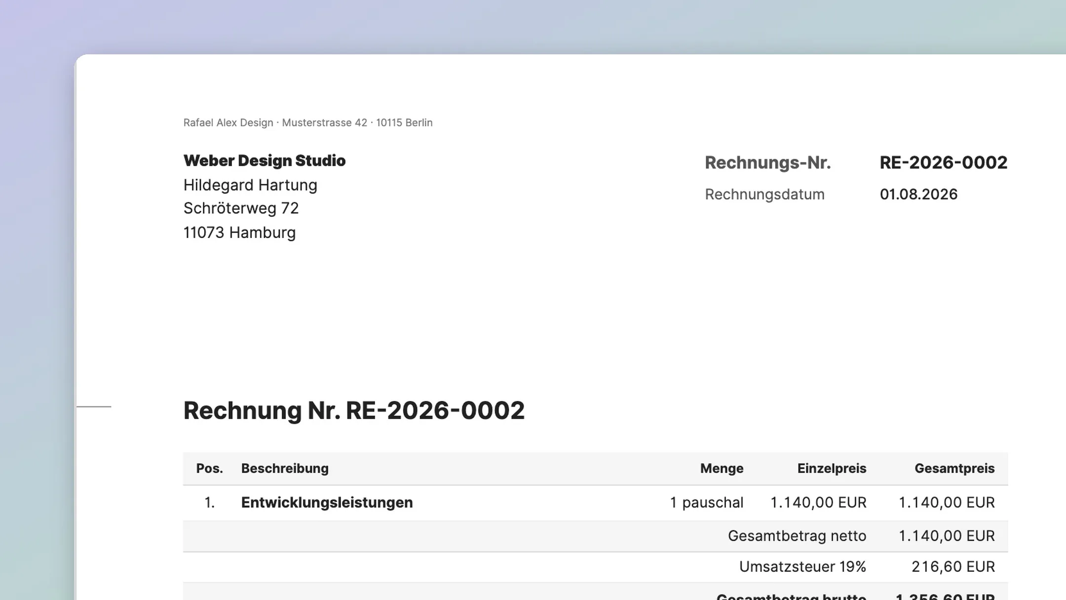 Rechnungsformular mit allen Feldern nach §14 UStG ausgefüllt.
