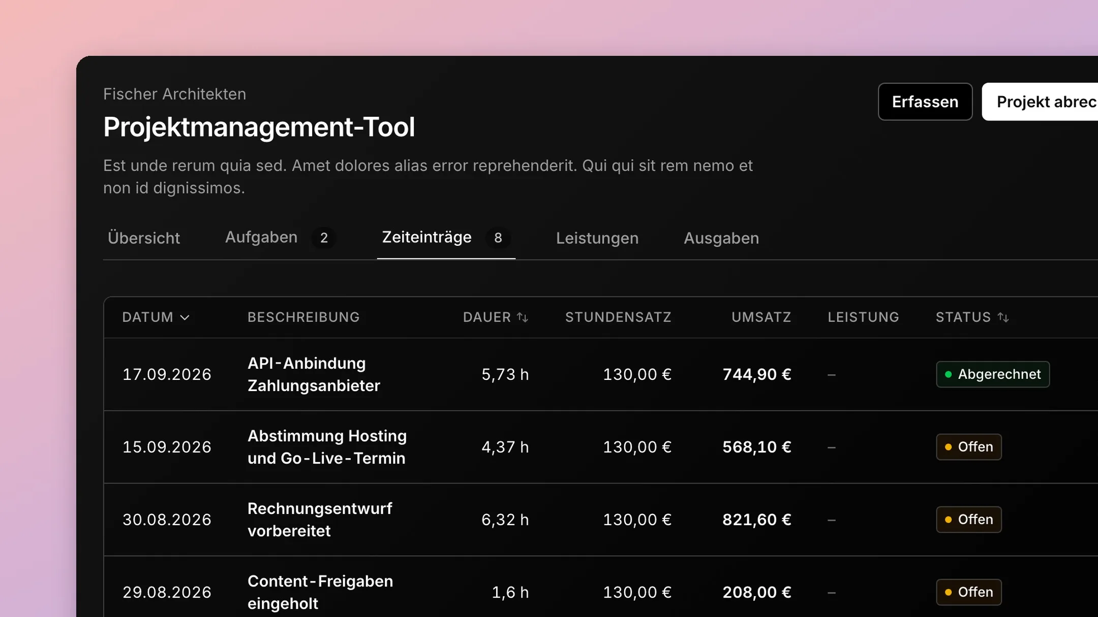 Liste erfasster Arbeitszeiten mit Datum, Dauer und Projekt in der zeit-App.