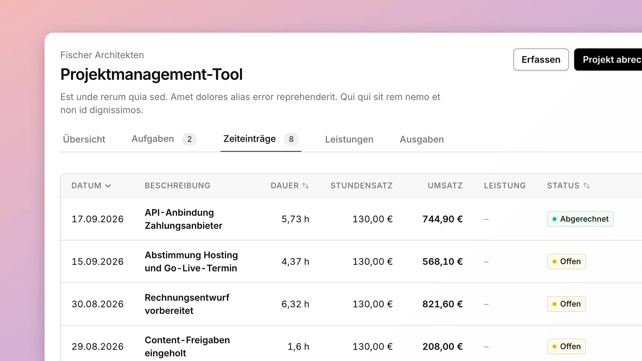 Liste erfasster Arbeitszeiten mit Datum, Dauer und Projekt in der zeit-App.